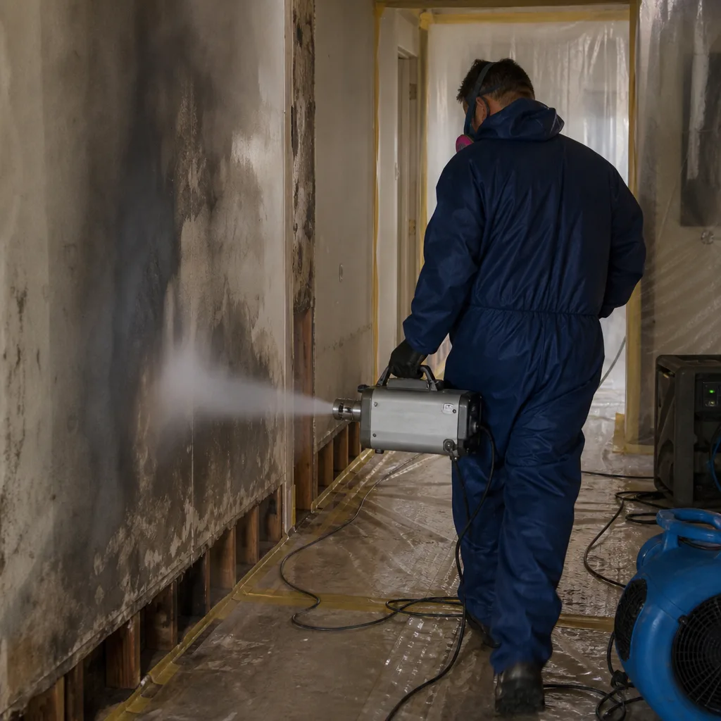 Technician performing professional fire and smoke damage restoration on interior walls