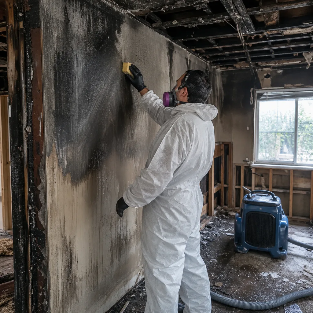Professional performing fire and smoke damage restoration on a soot-covered wall.