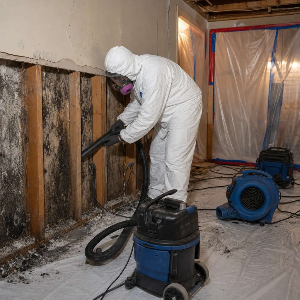 Professional in protective suit performing mold remediation on interior wall studs