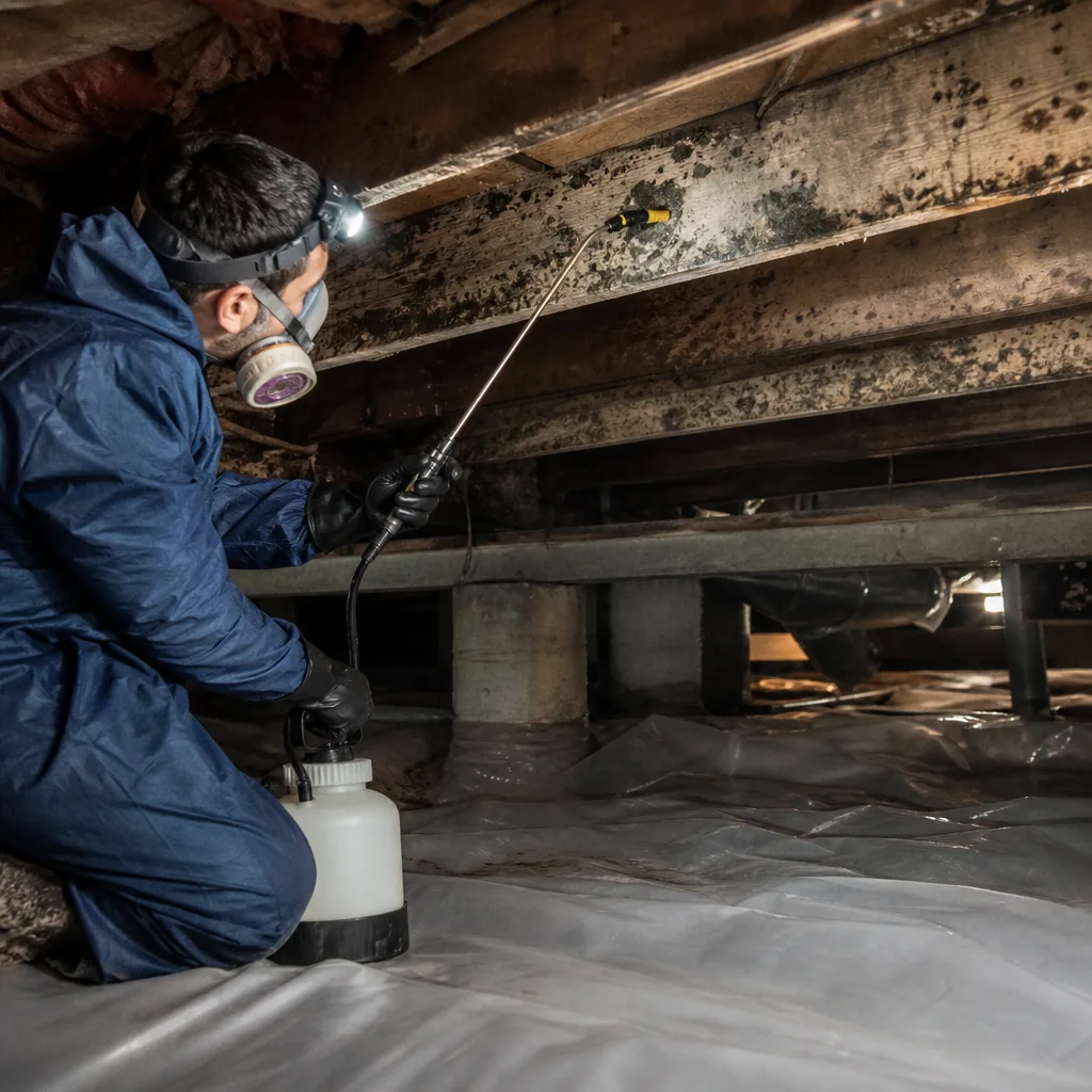Technician in protective gear performing professional crawl space mold remediation treatment.