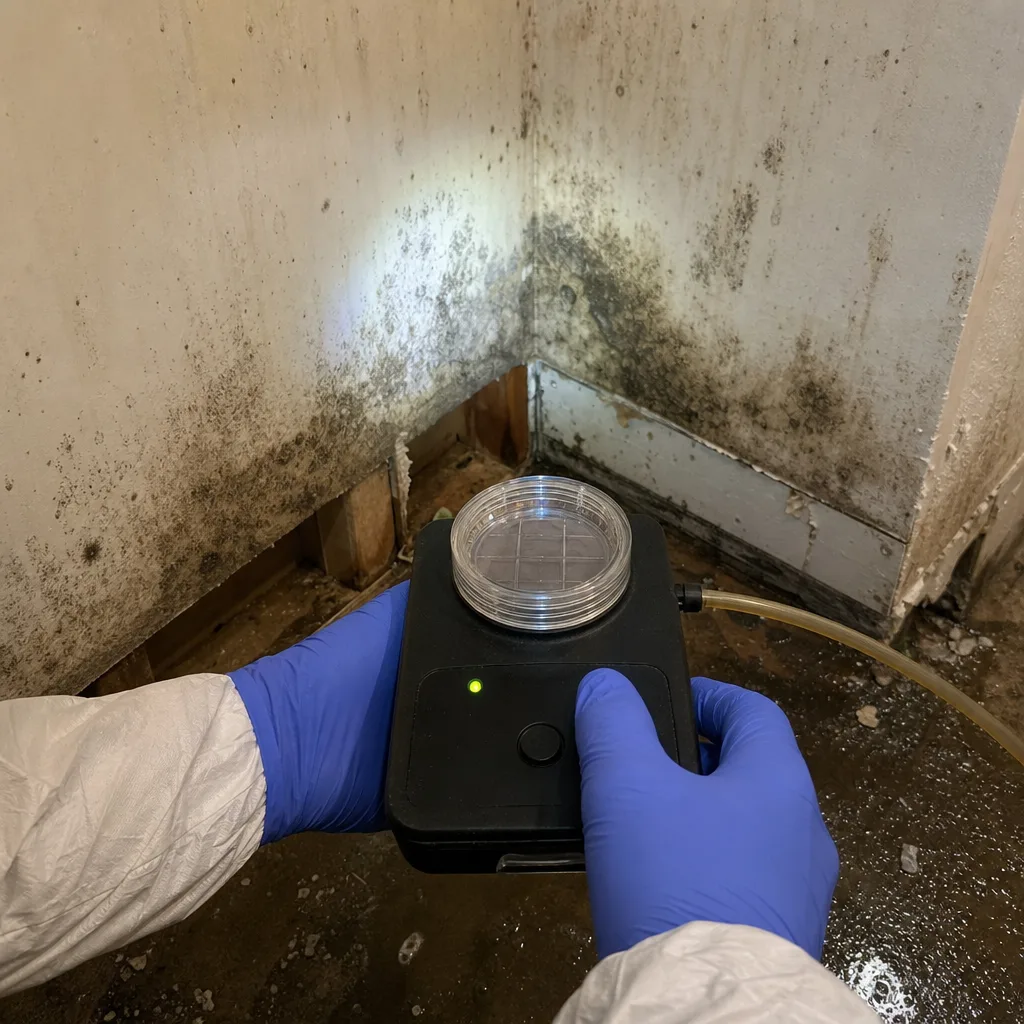 Professional performing air quality mold testing in a damaged home corner.