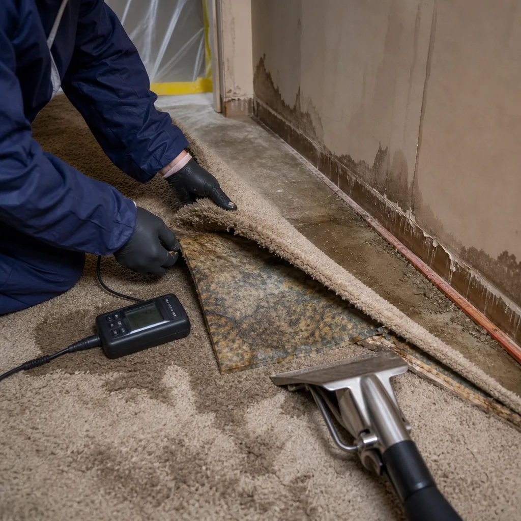 Technician using moisture meter on wet carpet during water damage restoration