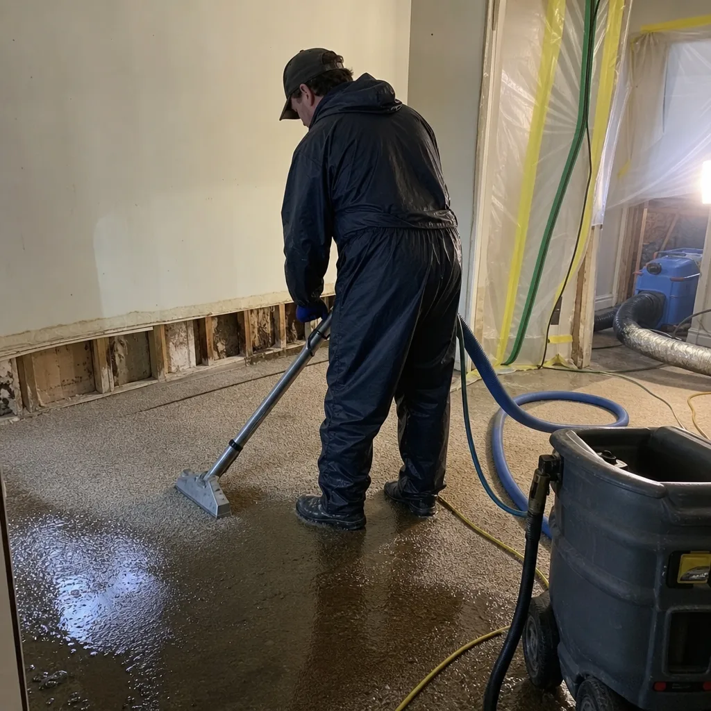 Technician performing professional water damage extraction and floor restoration services.